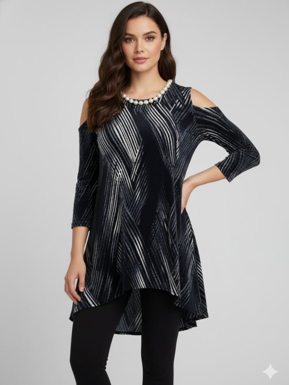 Navy & White Abstract Print Cold Shoulder Tunic Top 3/4 Sleeve High Low Hem XL